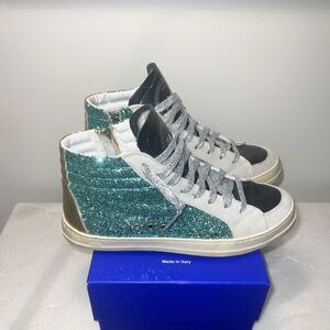P448 Skate Panter High Top Sparkle Teal Glitter Gold Metallic Sneakers 40